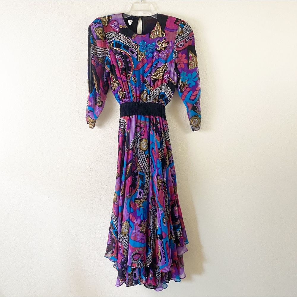 AMAZING VINTAGE 1980’s DIANE Freis Embellished Silk Georgette Dress
